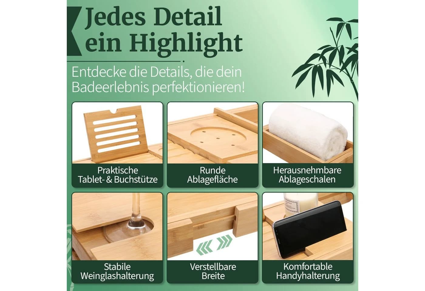 HEIMWERT Badewannenablage Bambus mit ausklappbaren Füßen - Bild 3