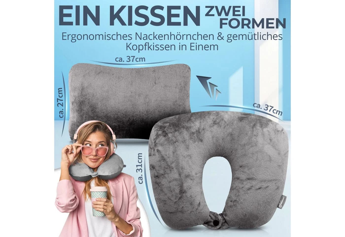 HEIMWERT Reisekissen 2in1 Grau Nackenhörnchen und Kopfkissen