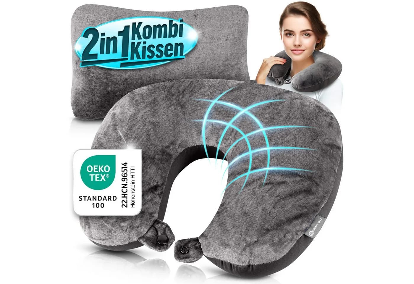 HEIMWERT Reisekissen 2in1 Grau Nackenhörnchen und Kopfkissen - Bild 2