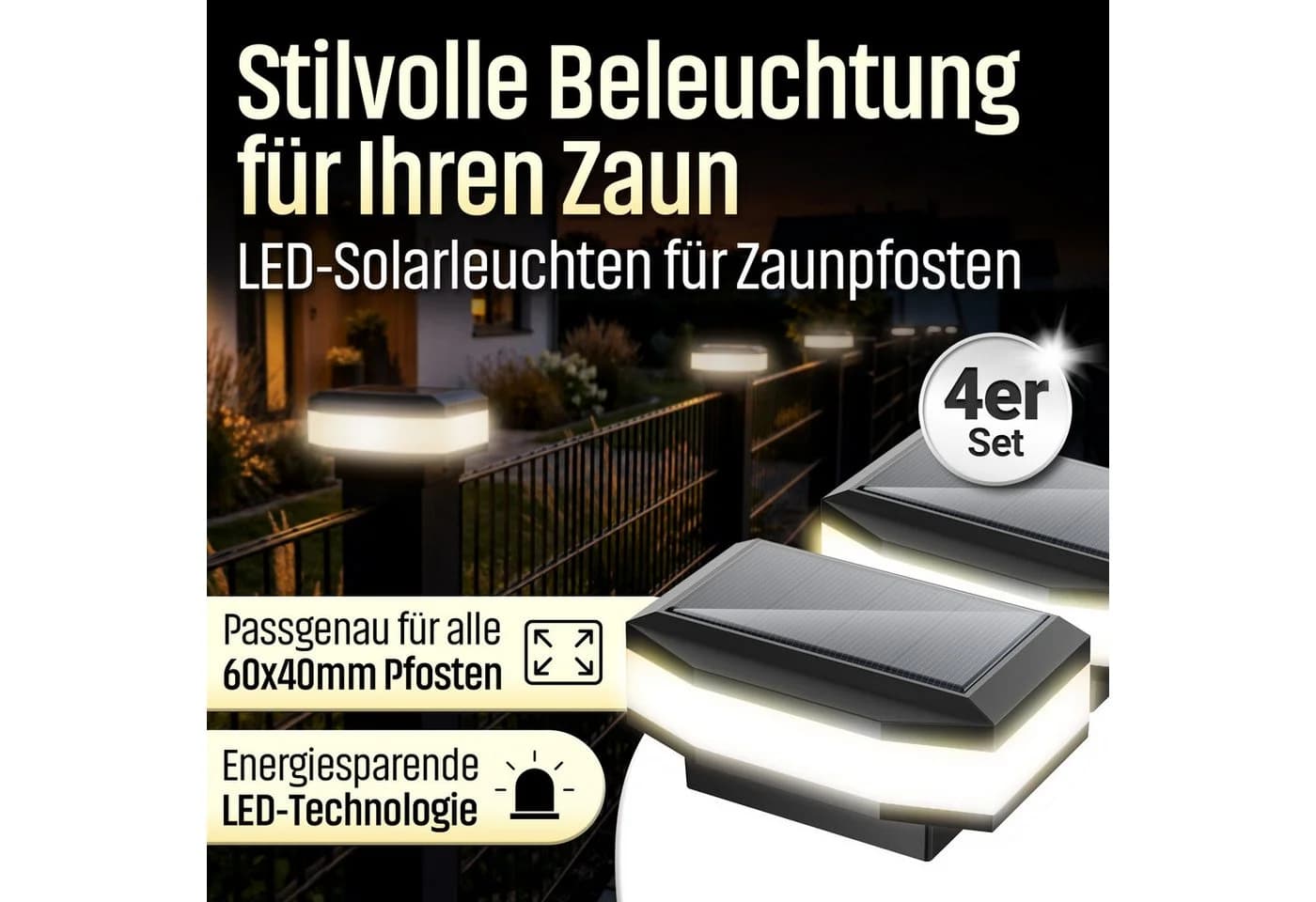 HEIMWERT Solar-Zaunleuchte Schwarz Warmweißes LED-Licht 4er-Set