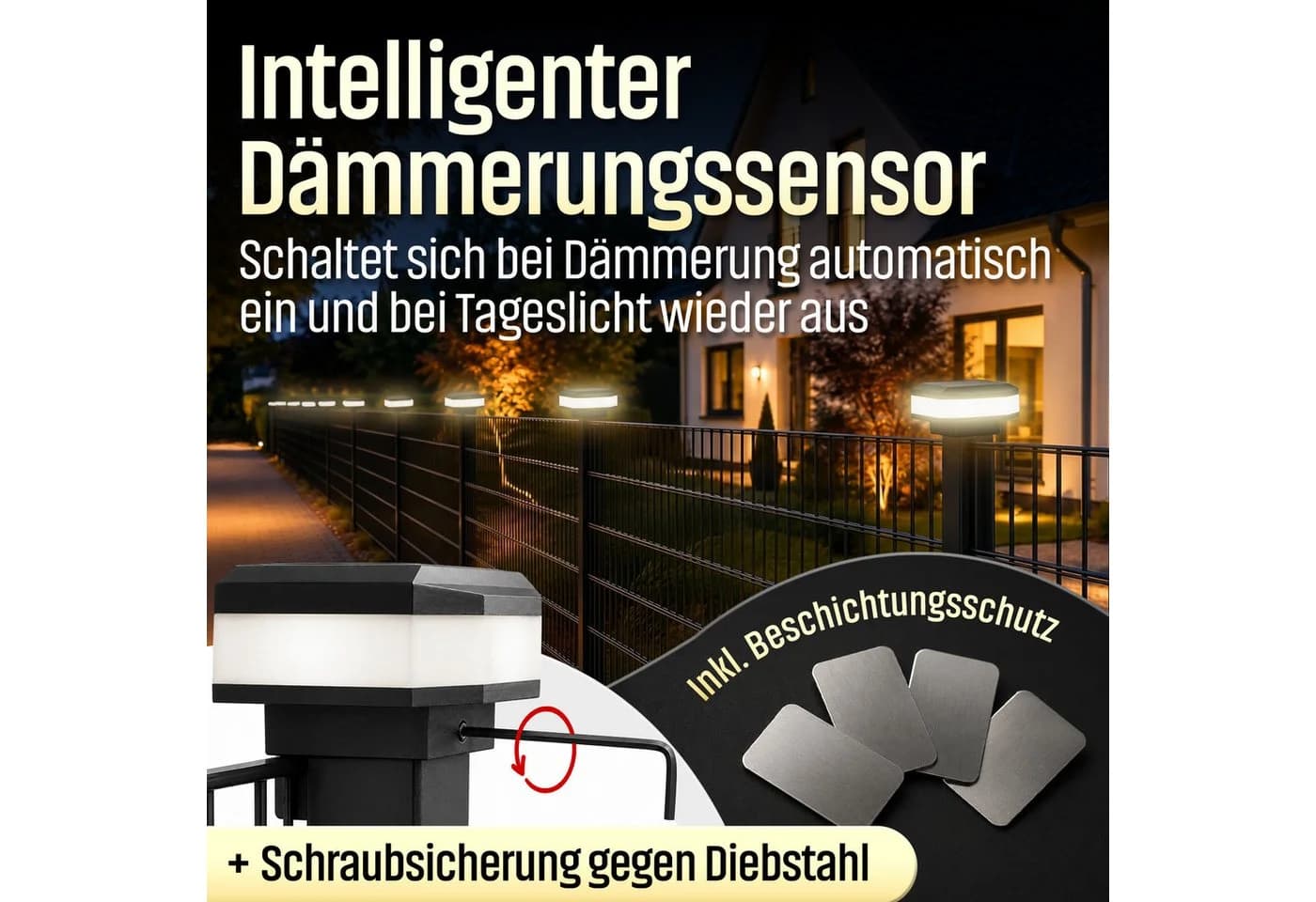 HEIMWERT Solar-Zaunleuchte Schwarz Warmweißes LED-Licht 4er-Set - Bild 3