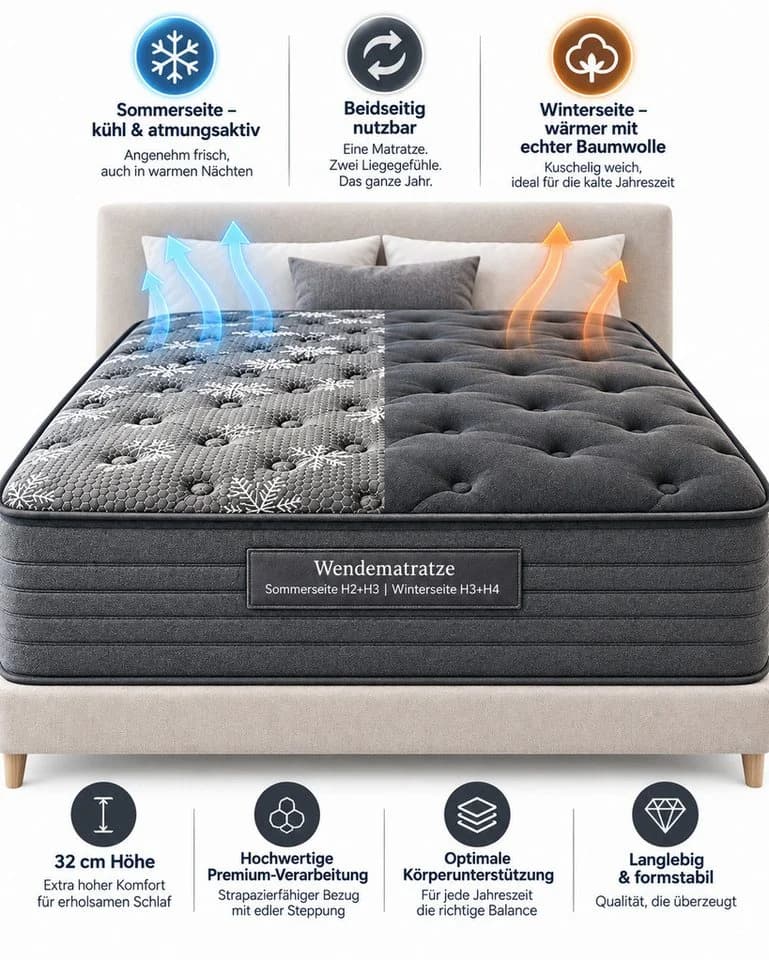 Ertex Taschenfederkernmatratze BLACK ICE 32 cm H2/H3 & H3/H4 Wendematratze - Bild 2