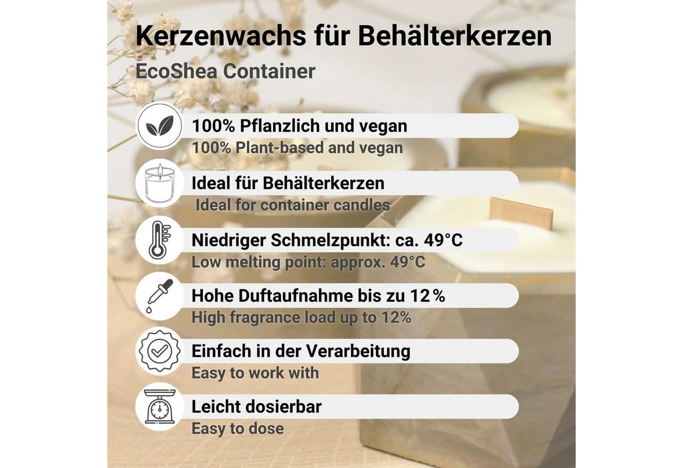 DistrEbution Kerzenwachs für Behälterkerzen aus Shea 1-20kg EcoShea Container