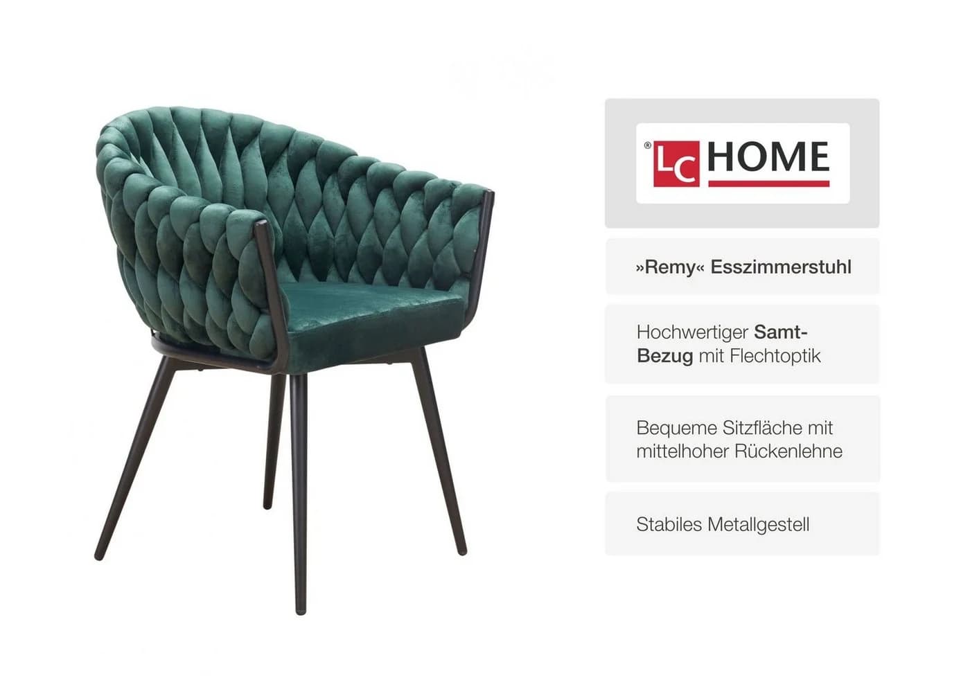 LC Home Esszimmerstuhl Remy Schwarz Samt Flechtoptik Armlehnstuhl - Bild 4