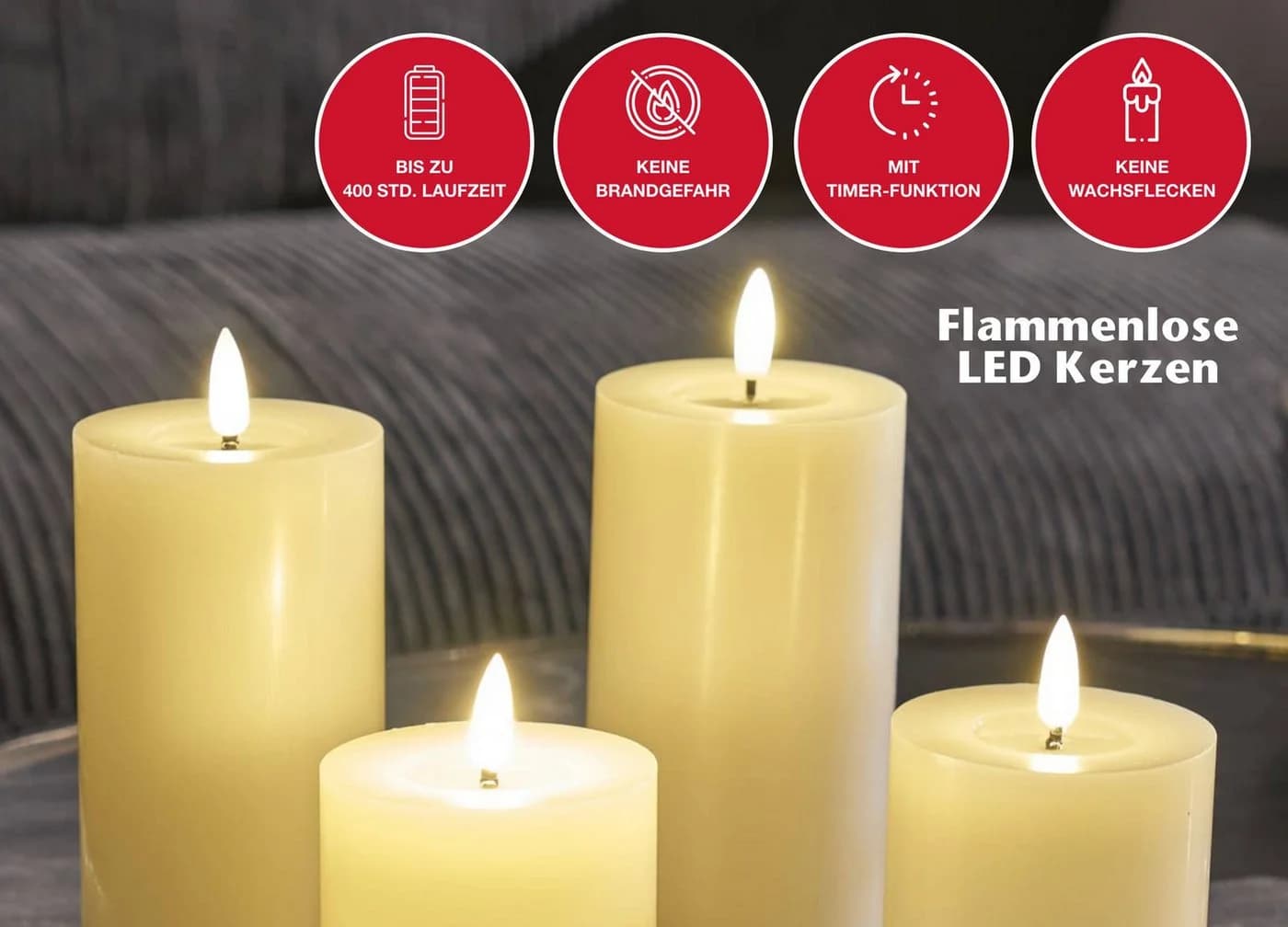 LC Home LED-Kerzen 4er Set Winter Cream Echtwachs mit Fernbedienung