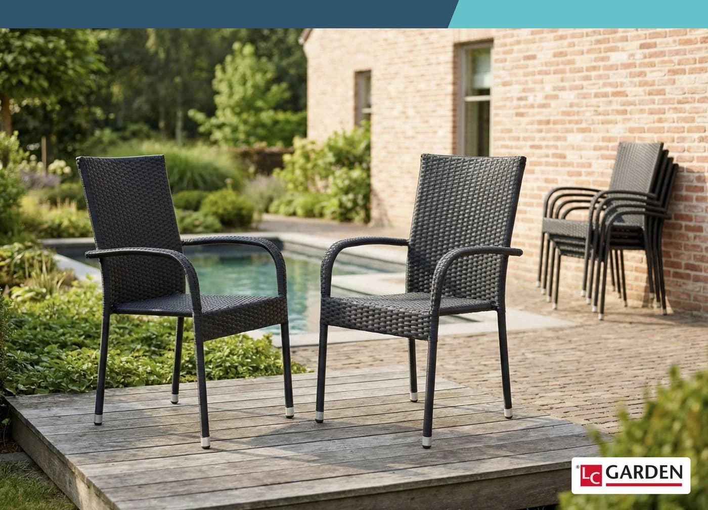 LC Garden Stapelstuhl 4er Set schwarz Armlehnstuhl Polyrattan