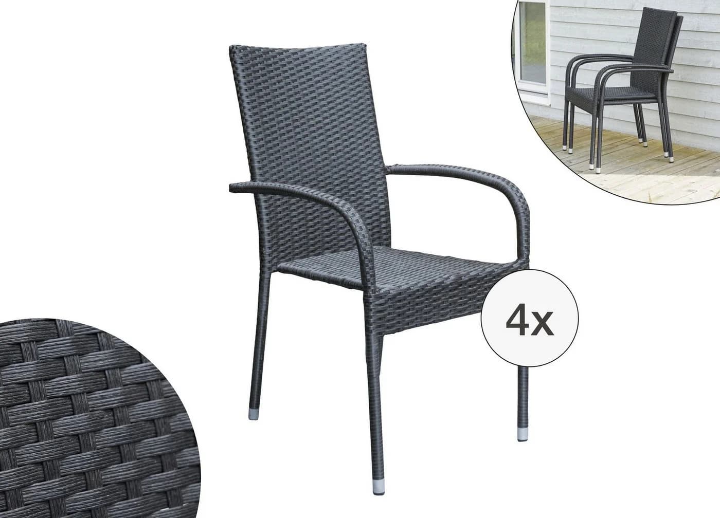 LC Garden Stapelstuhl 4er Set schwarz Armlehnstuhl Polyrattan - Bild 2