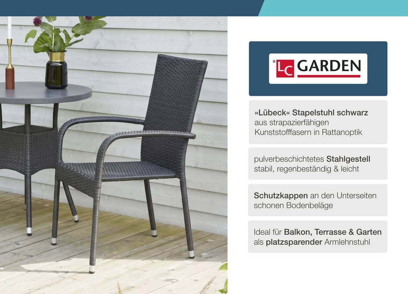 LC Garden Stapelstuhl 4er Set schwarz Armlehnstuhl Polyrattan - Bild 3