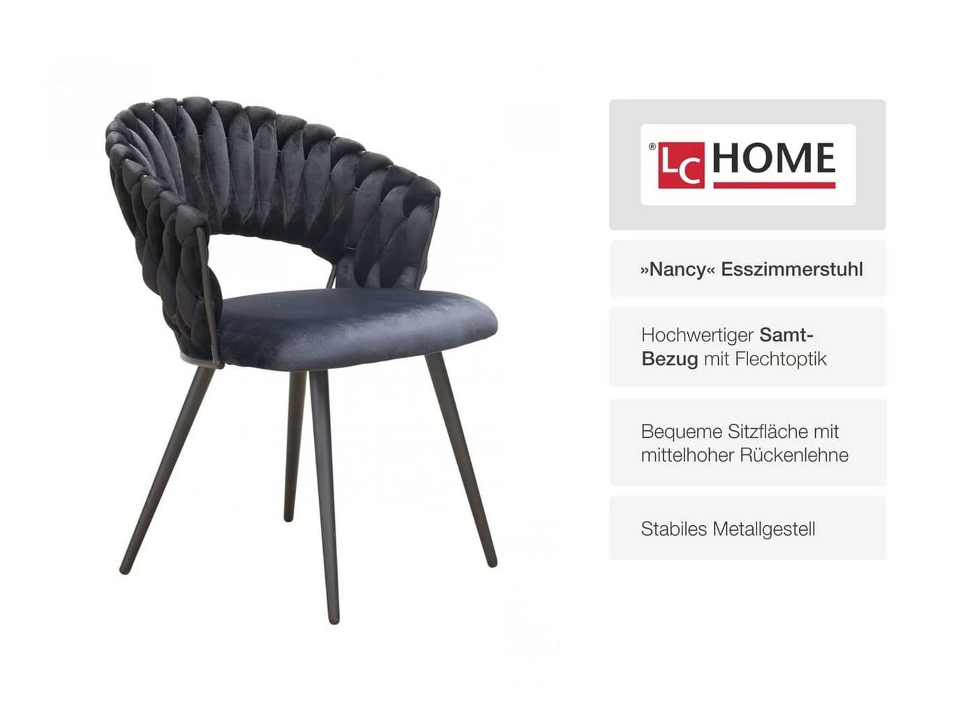 LC Home Esszimmerstuhl Nancy Schwarz Samt Flechtoptik Armlehnstuhl - Bild 4