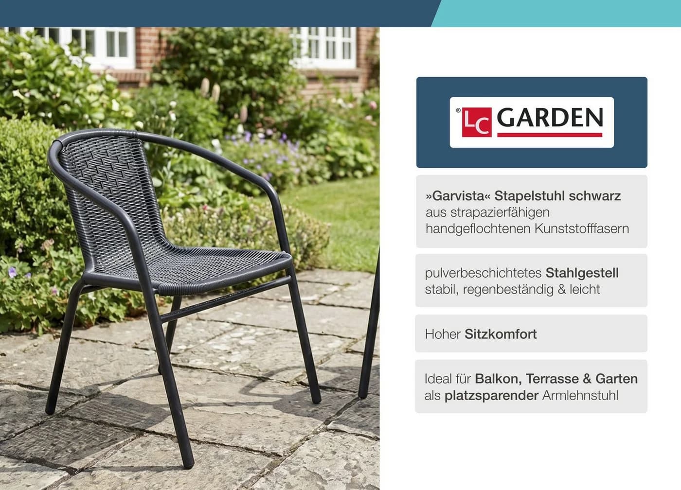 LC Garden Stapelstuhl Garvista Schwarz Gartenstuhl mit Rattan-Optik - Bild 3