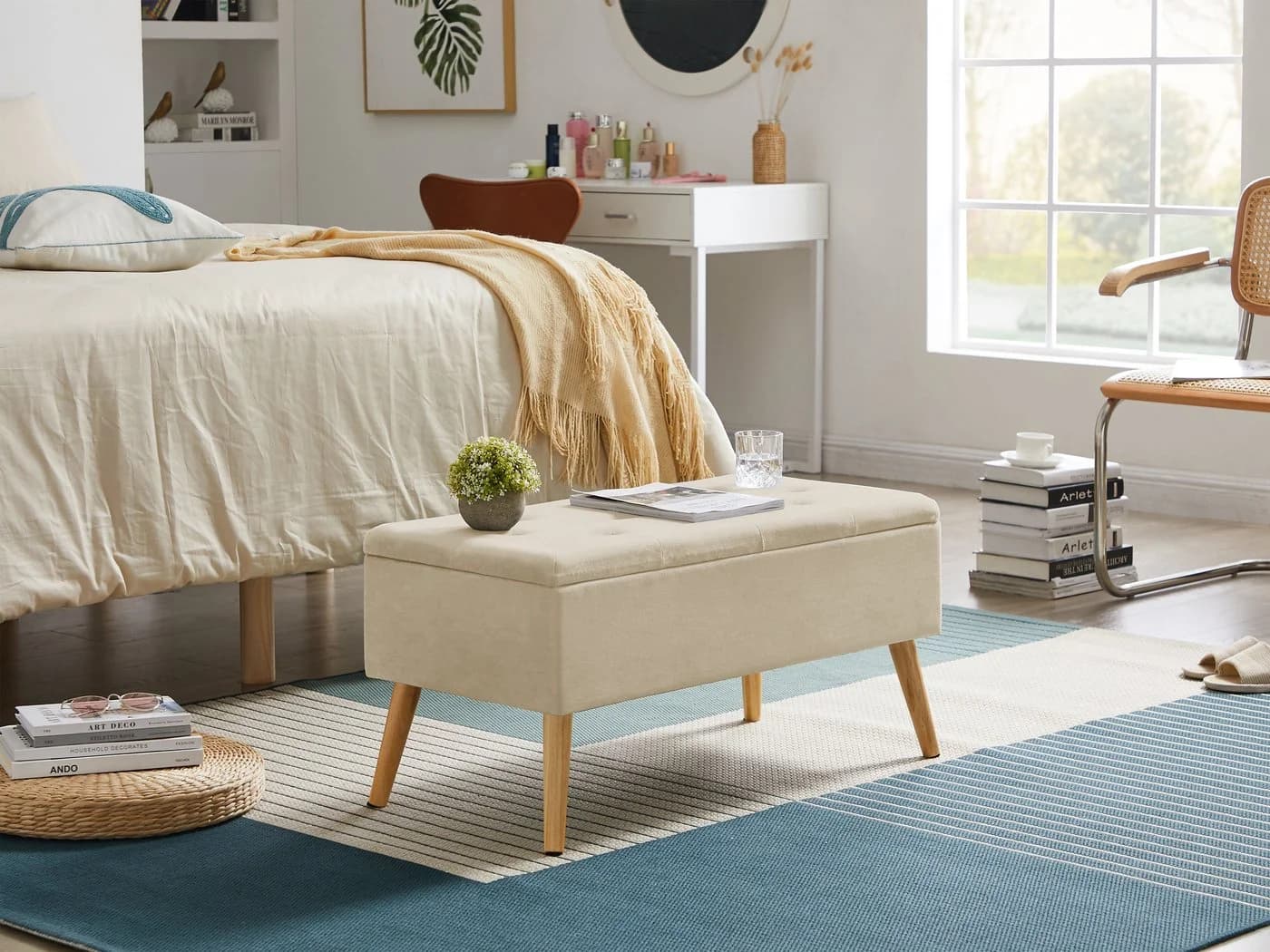 Zedelmaier Sitztruhe Hocker mit Stauraum Leinenoptik Massivholzfüße Beige - Bild 4