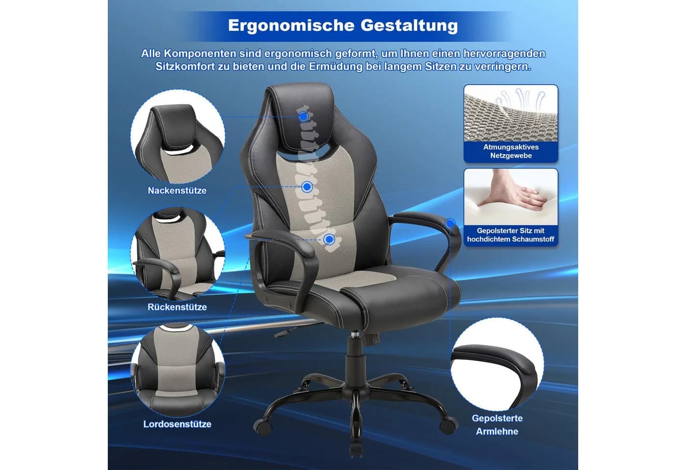 Zedelmaier Bürostuhl Ergonomisch Grau Kunstleder Gaming Stuhl - Bild 3