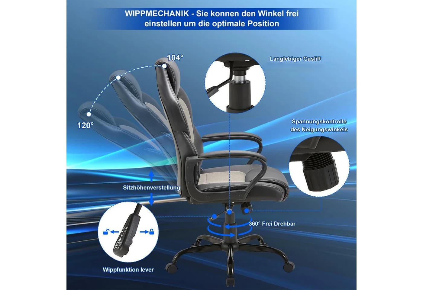 Zedelmaier Bürostuhl Ergonomisch Grau Kunstleder Gaming Stuhl - Bild 4
