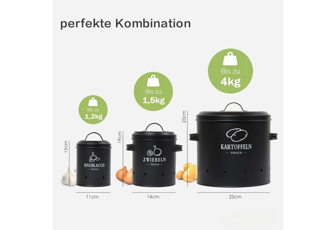 Zedelmaier Vorratsdosen 3er Set Schwarz für Kartoffeln, Zwiebeln, Knoblauch