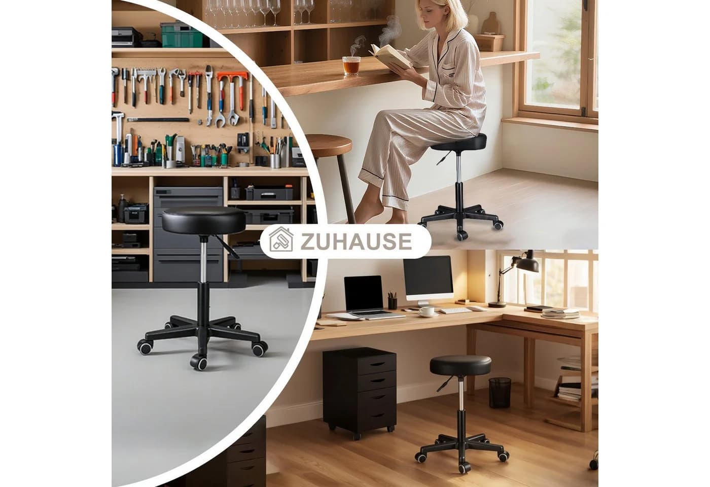 Zedelmaier Drehhocker Bürohocker Barhocker Arbeitshocker Polsterung 46-60cm Höhenverstellbar 360°drehbar mit 5 Rollen - Bild 3