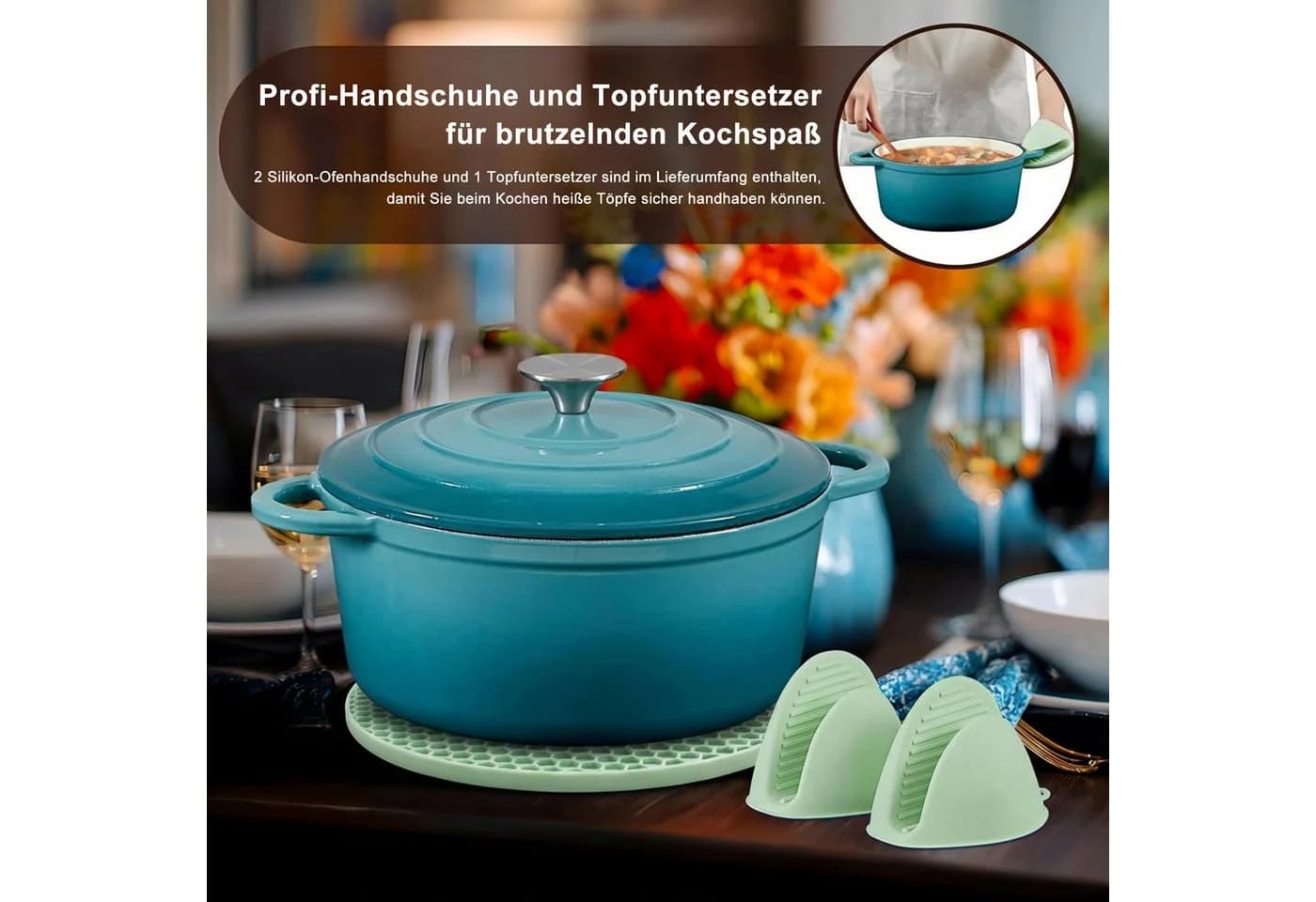 Zedelmaier Bräter Gusseisen Topf Set 22/24/26cm Emaille Blau/Grün - Bild 3