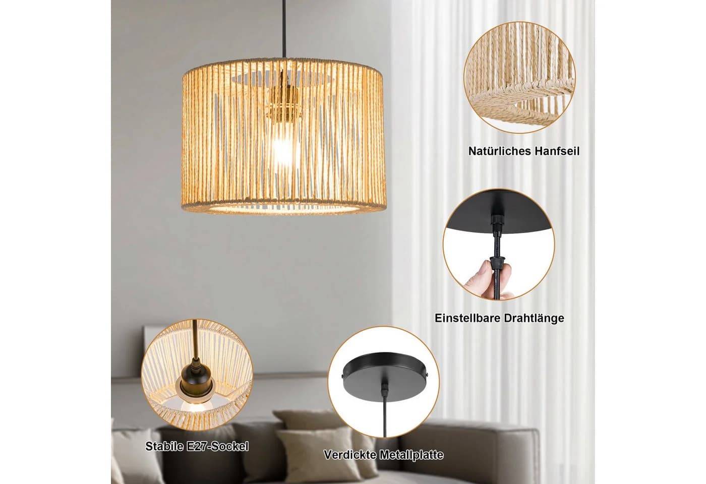 Zedelmaier Pendelleuchte Boho-Design Lampenschirm Papierschnur - Bild 4