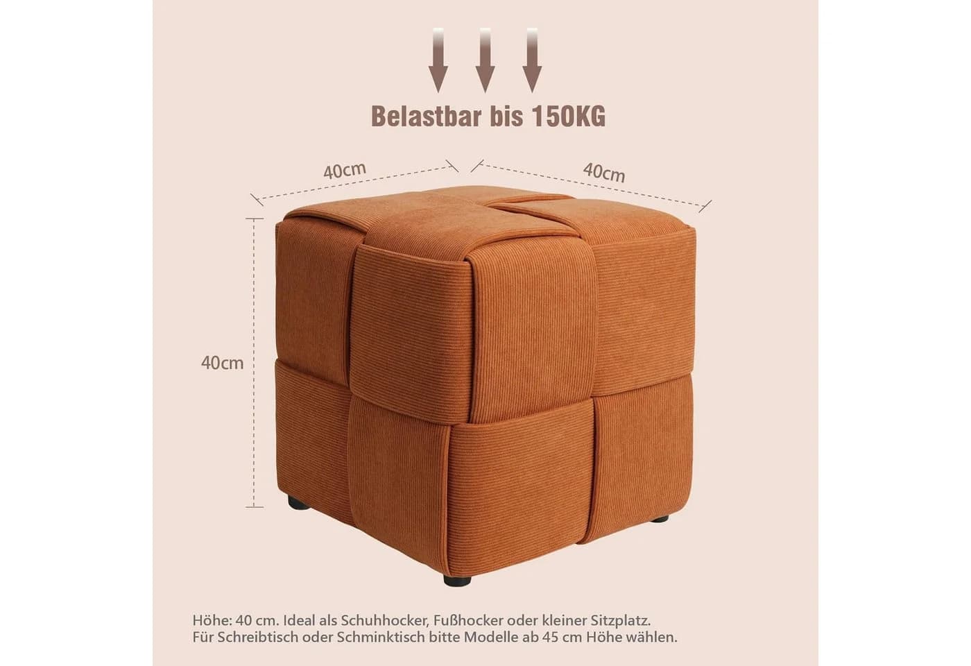 Zedelmaier Sitzhocker Würfel Cord Orange - Fußhocker mit Kreuzgeflecht - Bild 3
