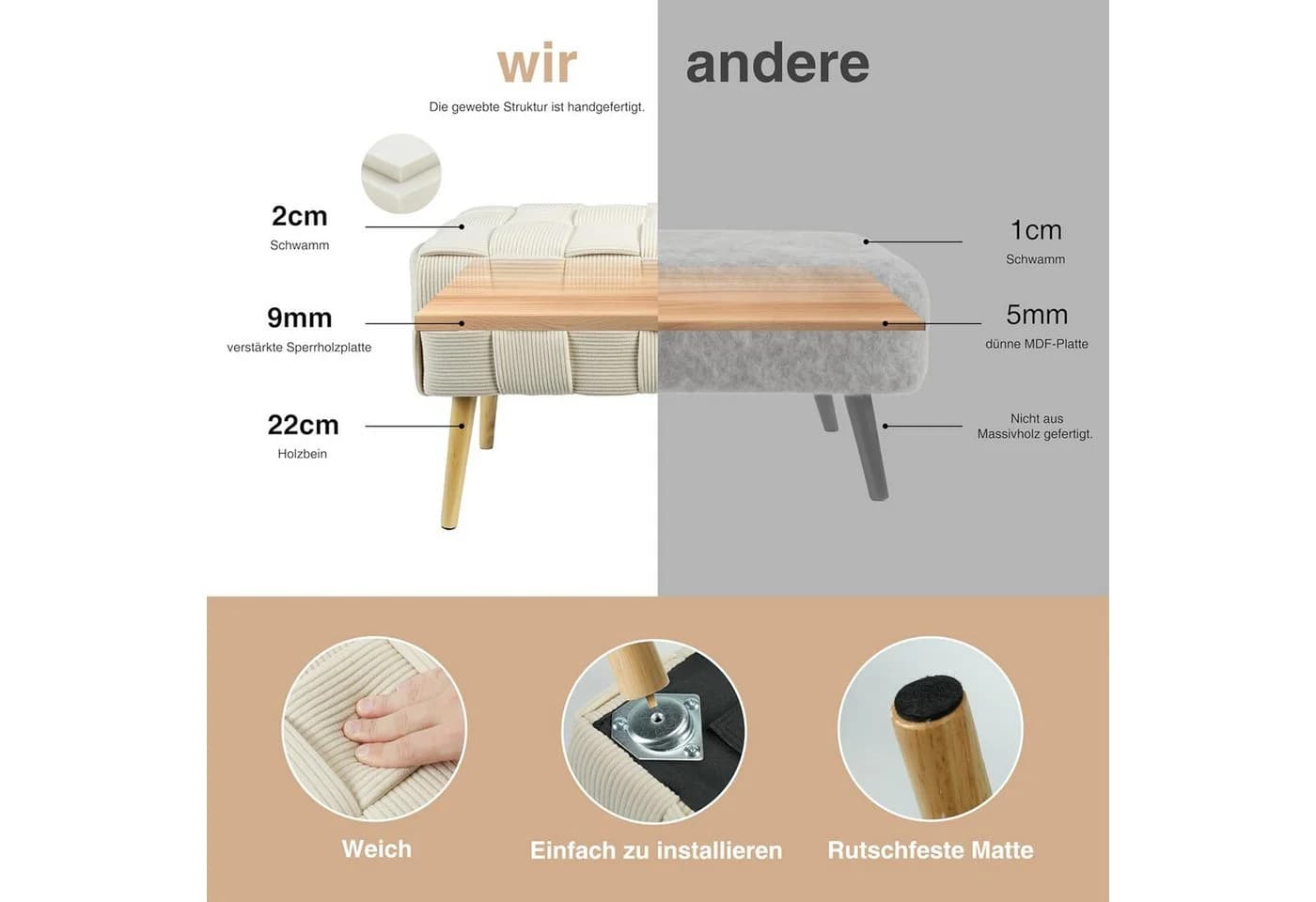 Zedelmaier Sitzhocker Beige Moderner Polsterhocker