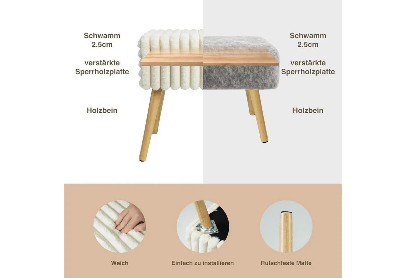 Zedelmaier Hocker Creme-Samt Polsterhocker Schminkhocker - Bild 3