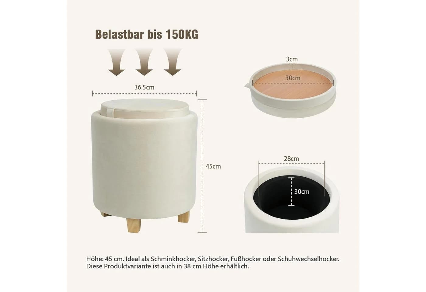 Zedelmaier Sitzhocker mit Stauraum Beige Samt