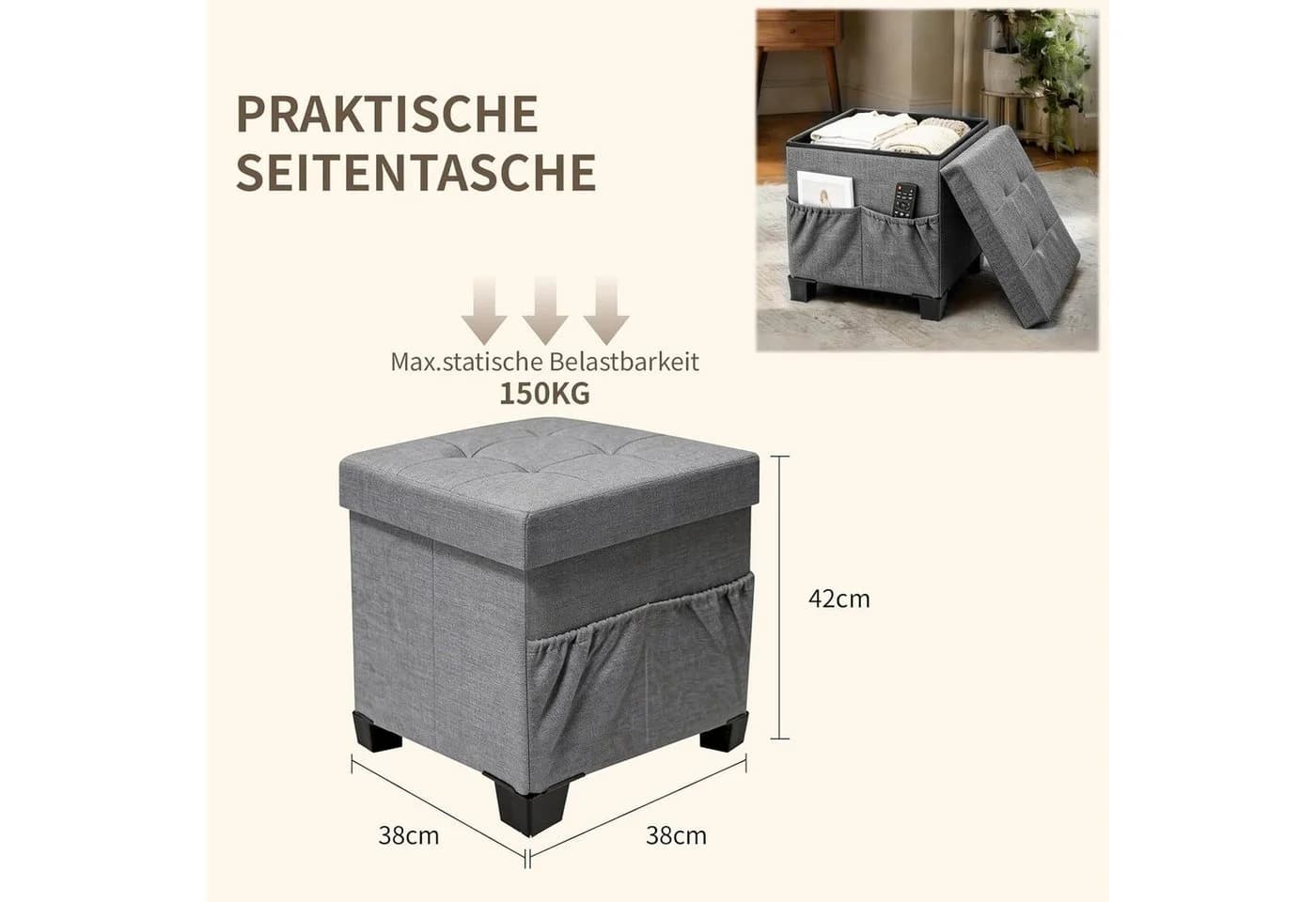 Zedelmaier Sitzhocker Grau mit Stauraum und abnehmbaren Beinen