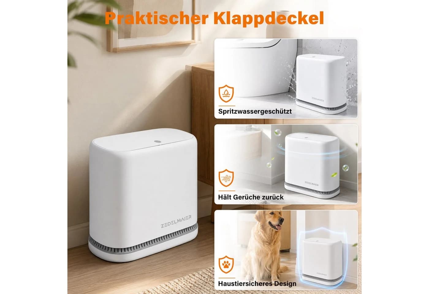 Zedelmaier Mülleimer 8L mit Deckel Weiß PP-Kunststoff - Bild 3