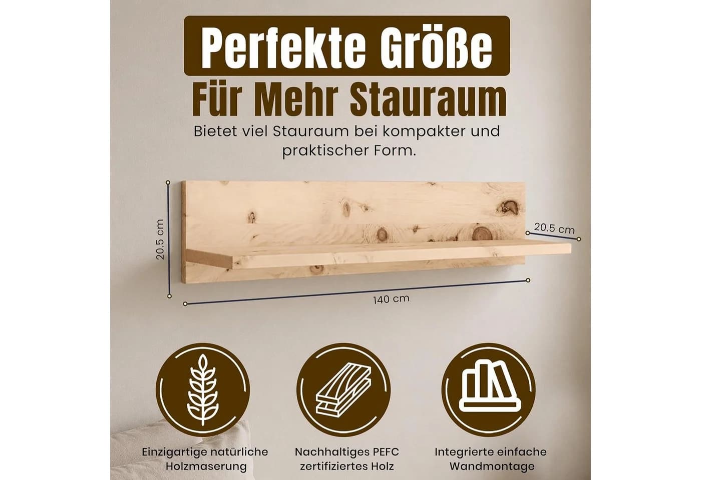 geborgenschlafen Wandregal Zirbenholz 140 cm Naturbelassen Massivholz