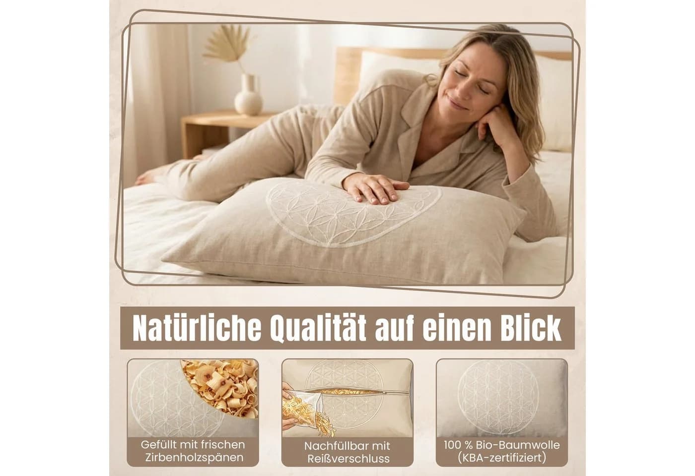 geborgenschlafen Zirbenkissen Blume des Lebens – Dekokissen mit Zirbenspänen - Bild 4