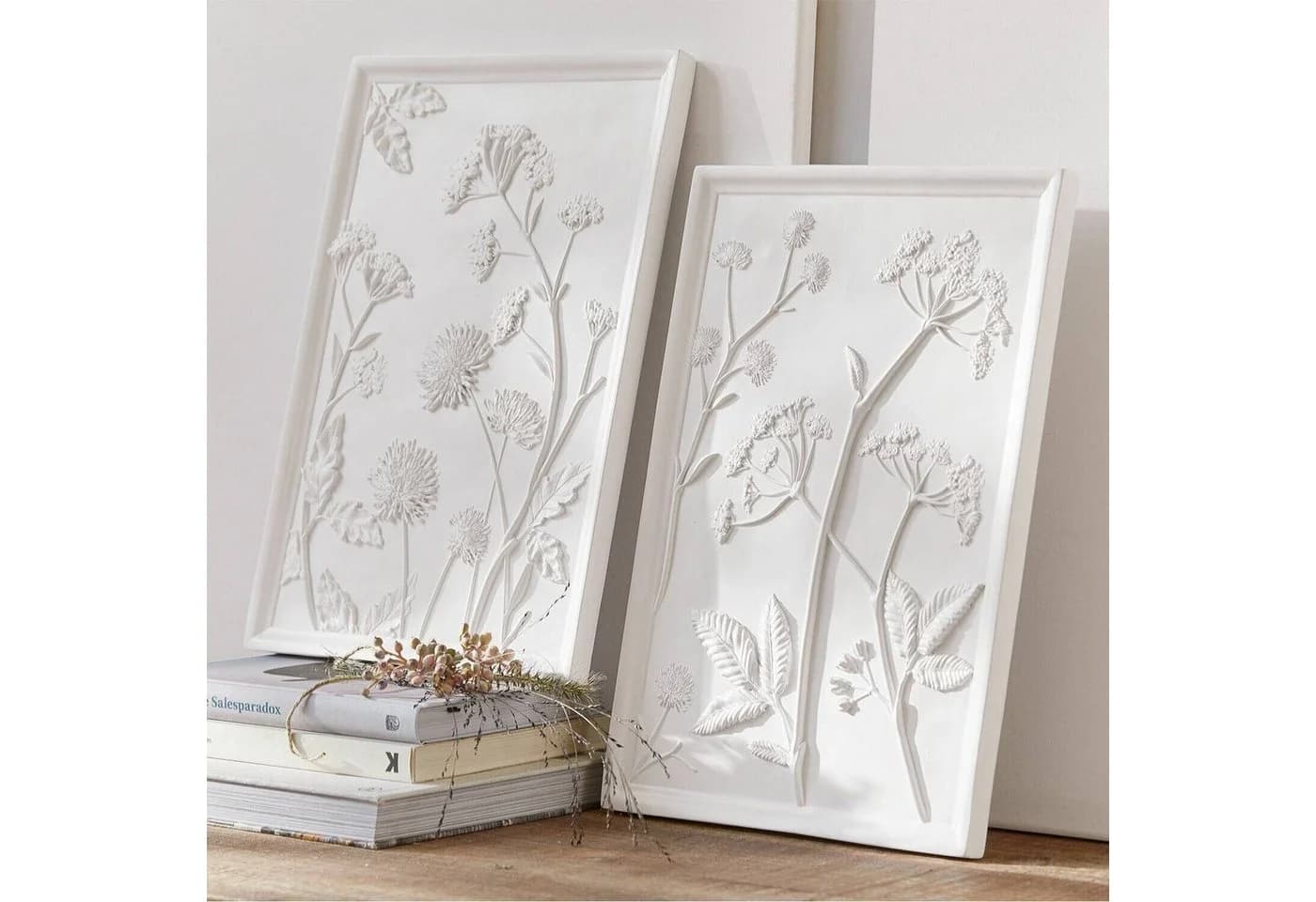 Mirabeau Wanddeko 2er Set Weiß Polyresin Blumenrelief