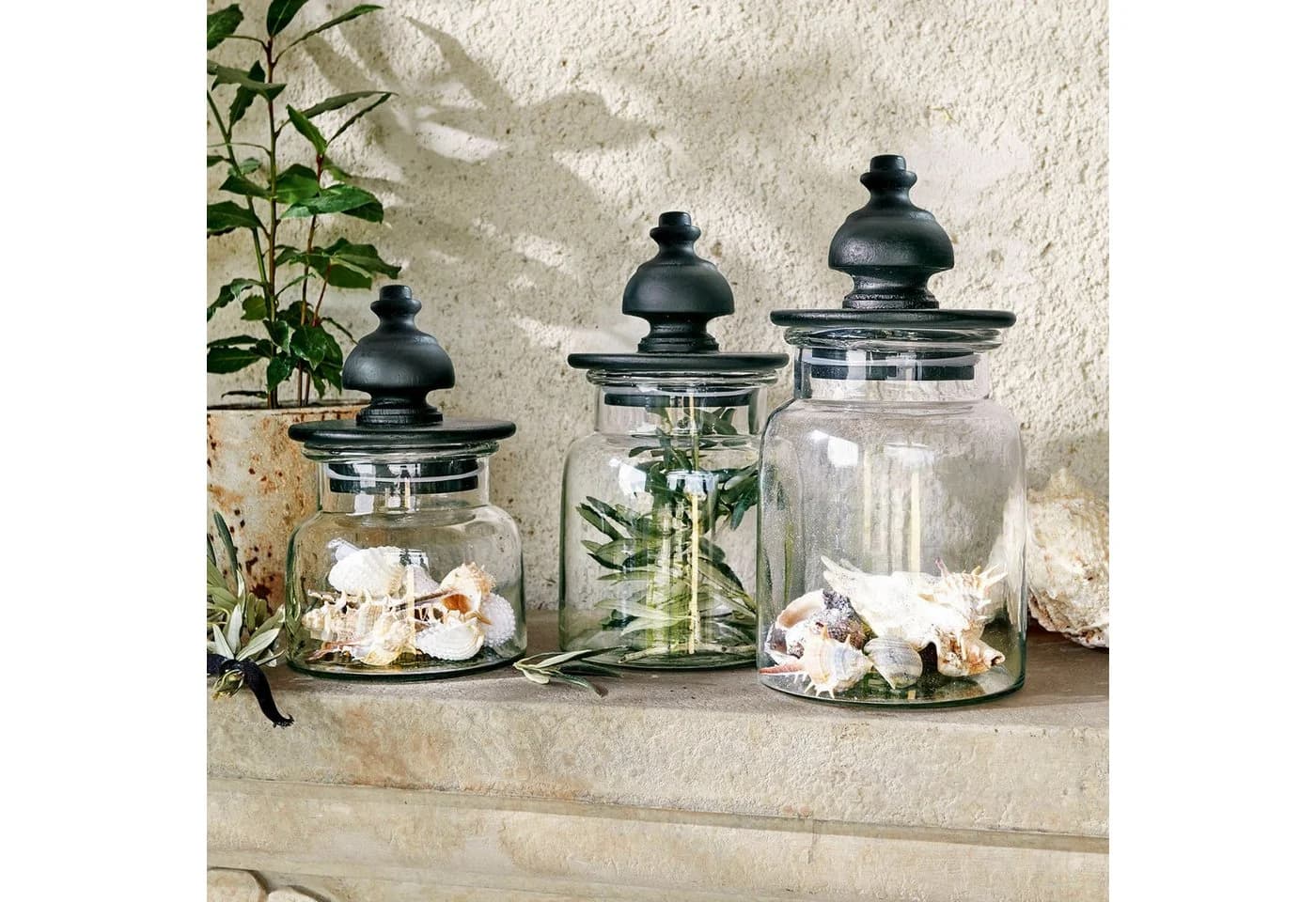Mirabeau Dose 3er Set Hakeen Glas Mangoholz schwarz/transparent