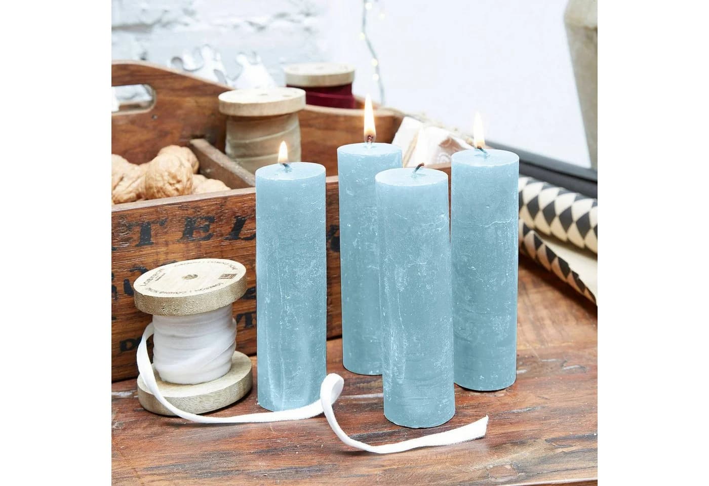 Mirabeau Stumpenkerze Kerze 4er Set Muriel Blau