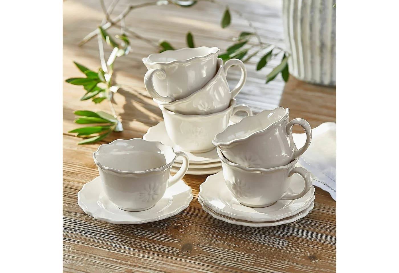 Mirabeau 6er Geschirrset Tasse mit Unterteller Weiß Steinzeug Blumenmotiv