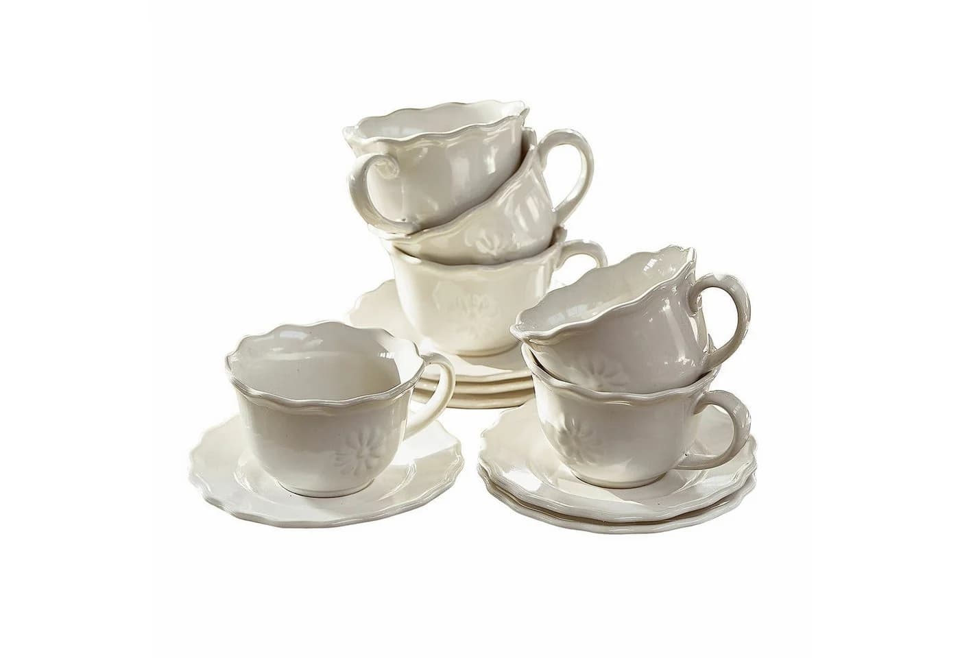 Mirabeau 6er Geschirrset Tasse mit Unterteller Weiß Steinzeug Blumenmotiv - Bild 2