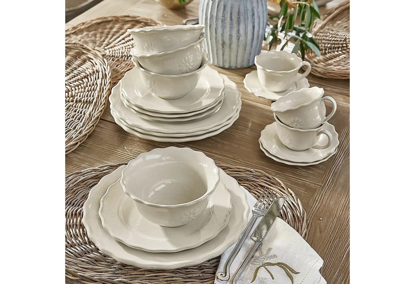 Mirabeau 6er Geschirrset Tasse mit Unterteller Weiß Steinzeug Blumenmotiv - Bild 3