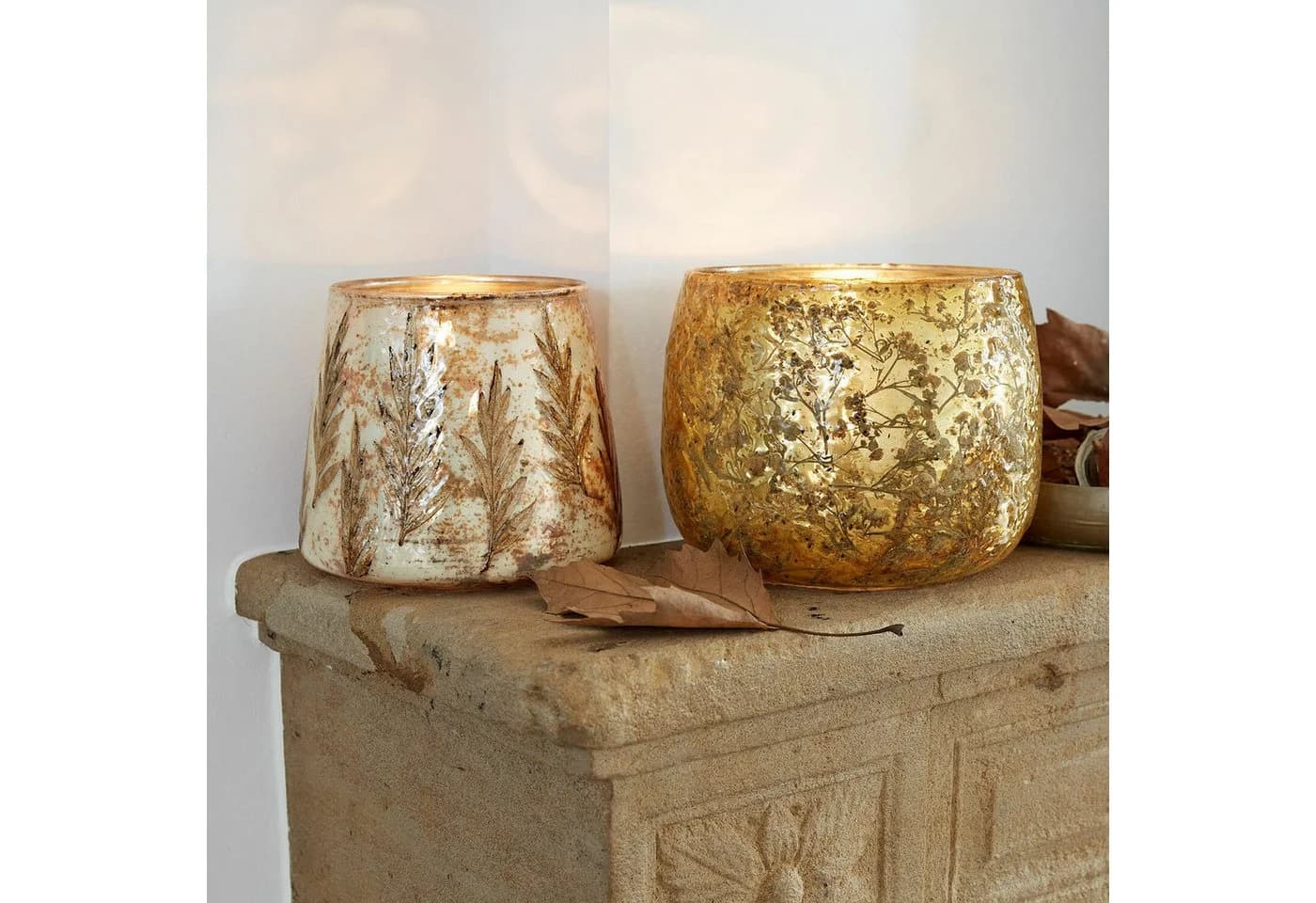 Mirabeau Windlicht 2er Set Hivalen gold mit Naturblättern