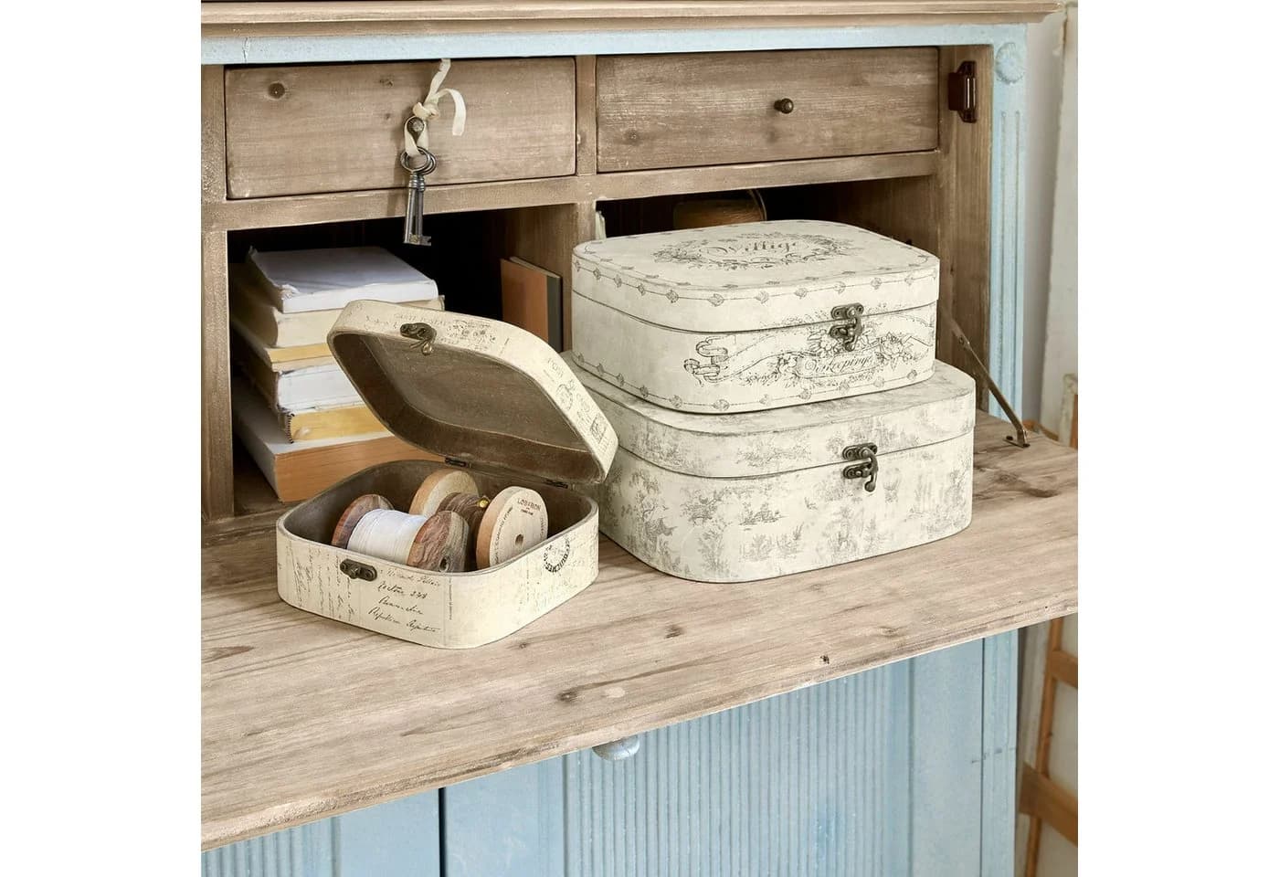 Mirabeau Dekokorb Box 3er Set Vintage Beige/Grau Holz