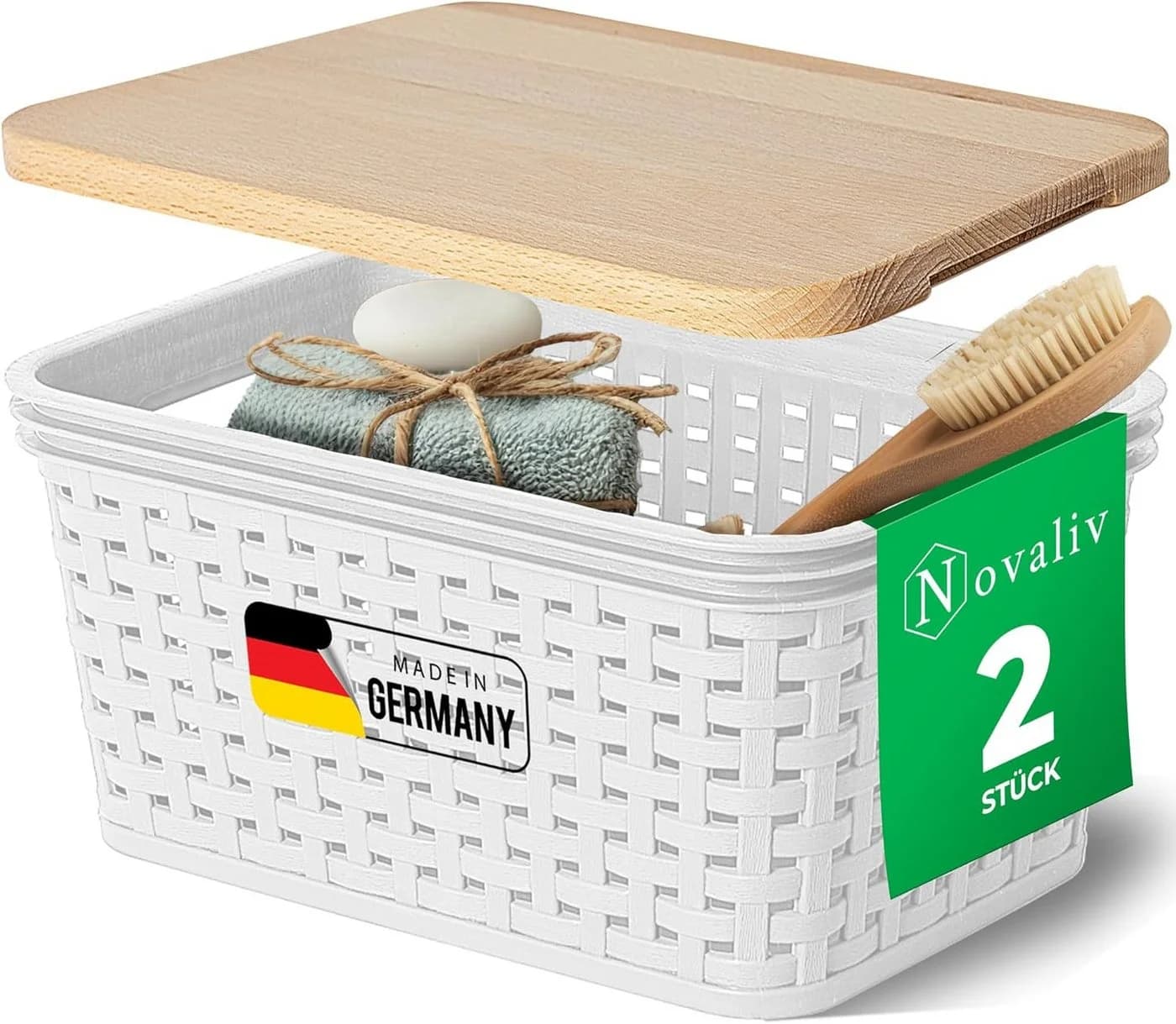 Novaliv 2er Set Aufbewahrungsbox mit Holzdeckel Beige Rattan-Design - Bild 2