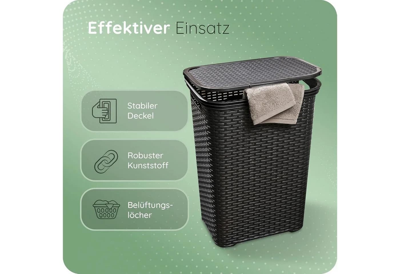 Novaliv Wäschekorb 60L Schwarz mit Deckel Rattanoptik - Bild 3