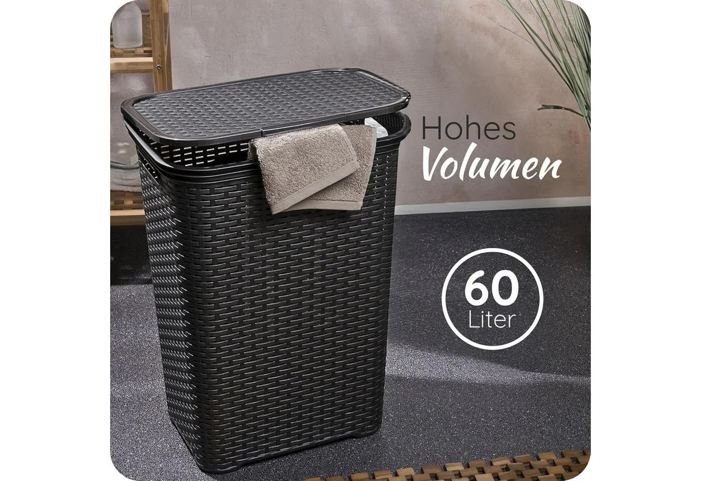 Novaliv Wäschekorb 60L Schwarz mit Deckel Rattanoptik - Bild 4