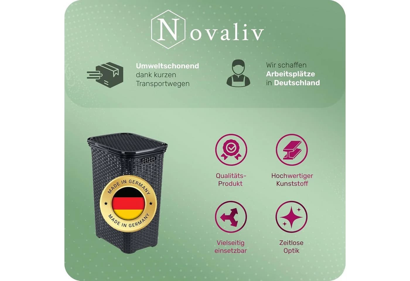 Novaliv Wäschekorb 60L Schwarz mit Deckel Rattanoptik - Bild 5