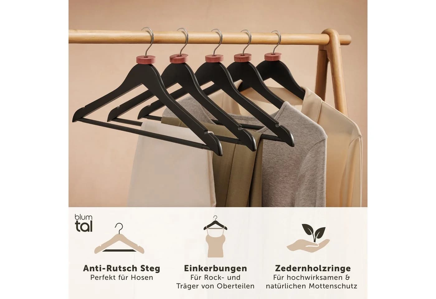 Blumtal Kleiderbügel Rutschfest aus Holz mit Rockkerbe und Hosensteg, 360° drehbar