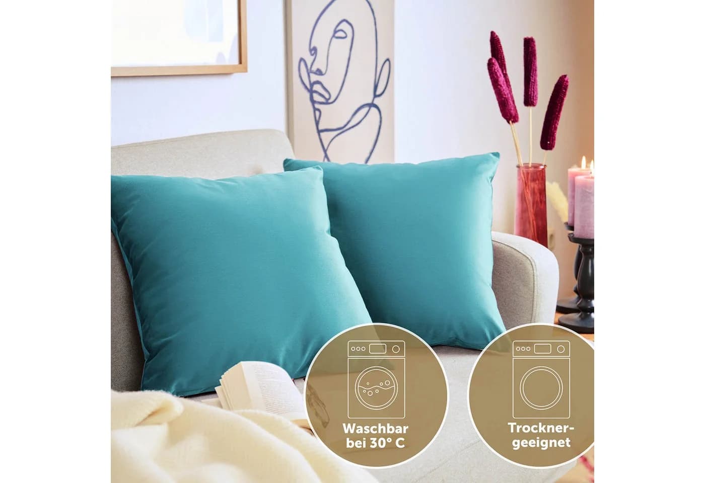 Blumtal Samt Kissenbezug 2er Set Blau Versteckter Reißverschluss - Bild 5