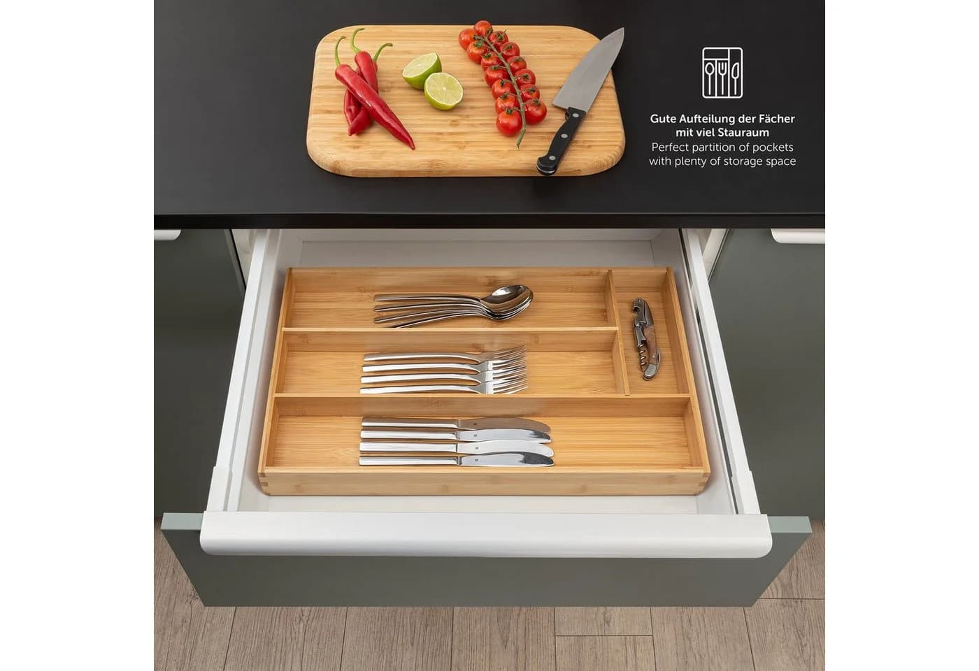 Blumtal Bambus Besteckkasten Einlagen Organizer 4-5 Fächer - Bild 3