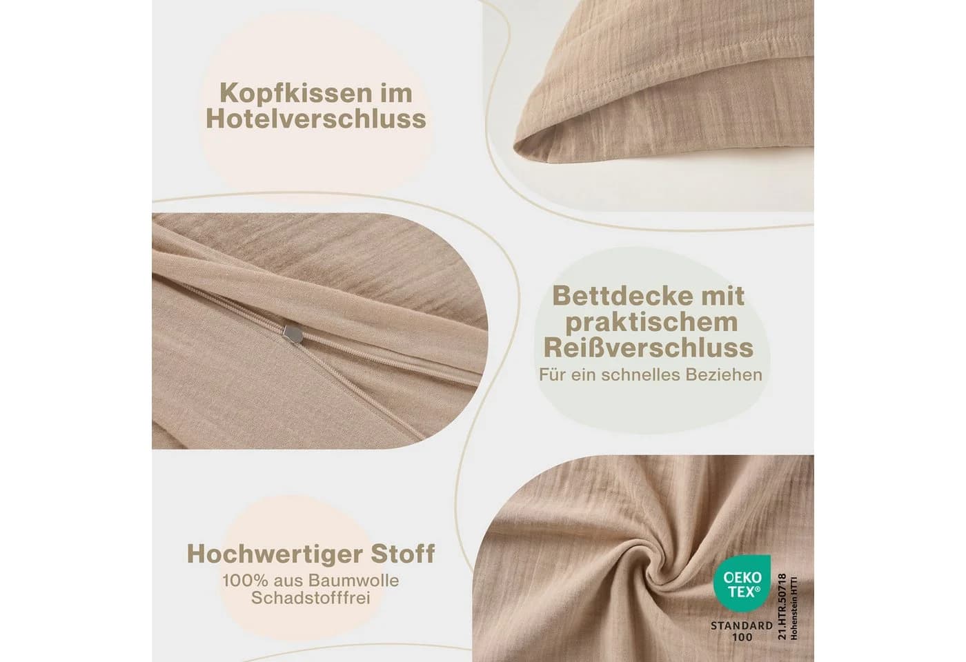 Laleni Kinderbettwäsche Musselin 100% Baumwolle OEKO-TEX Taupe - Bild 3