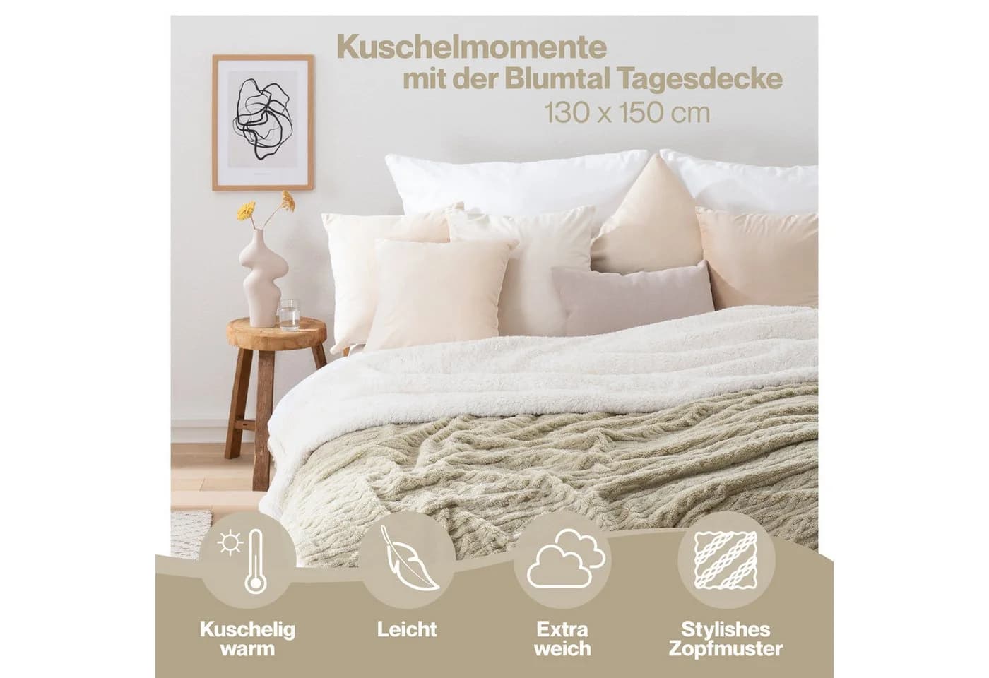Wohndecke Oeko-Tex zertifizierte waschbare Wohn- & Kuscheldecke, Blumtal, mit weicher Sherpa-Innenseite - Bild 3