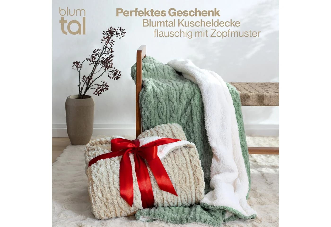 Wohndecke Oeko-Tex zertifizierte waschbare Wohn- & Kuscheldecke, Blumtal, mit weicher Sherpa-Innenseite - Bild 4