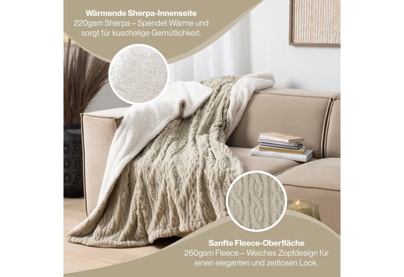 Wohndecke Oeko-Tex zertifizierte waschbare Wohn- & Kuscheldecke, Blumtal, mit weicher Sherpa-Innenseite - Bild 5