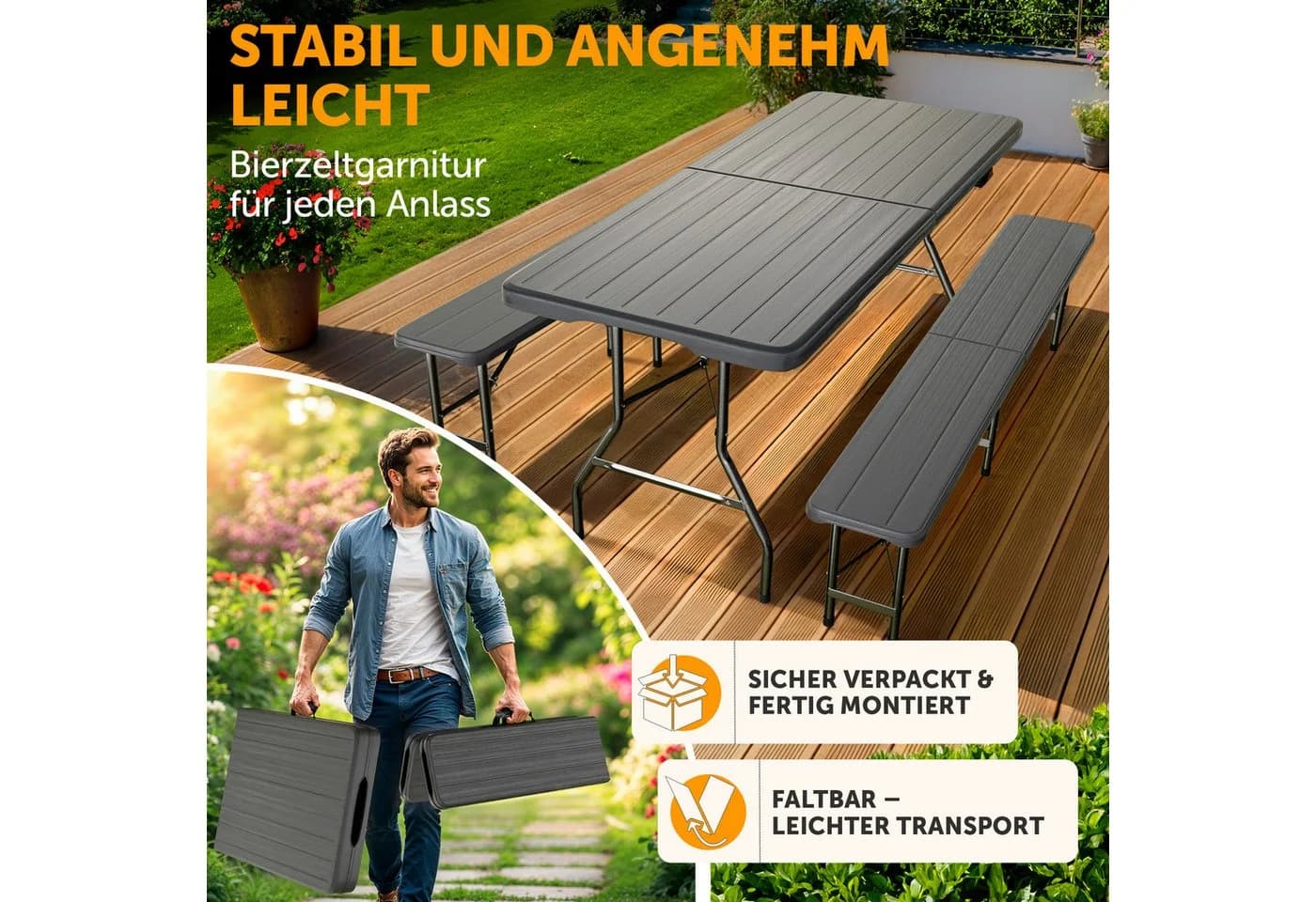 Blumtal Bierzeltgarnitur 3er Set - 2X Bierbank + 1x Biertisch, tragstarke Biertischgarnitur klappbar für 8 Personen mit Tragegriff