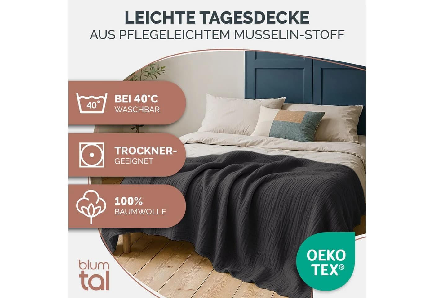 Blumtal Tagesdecke 100% Baumwolle Musselin OEKO-TEX Grau